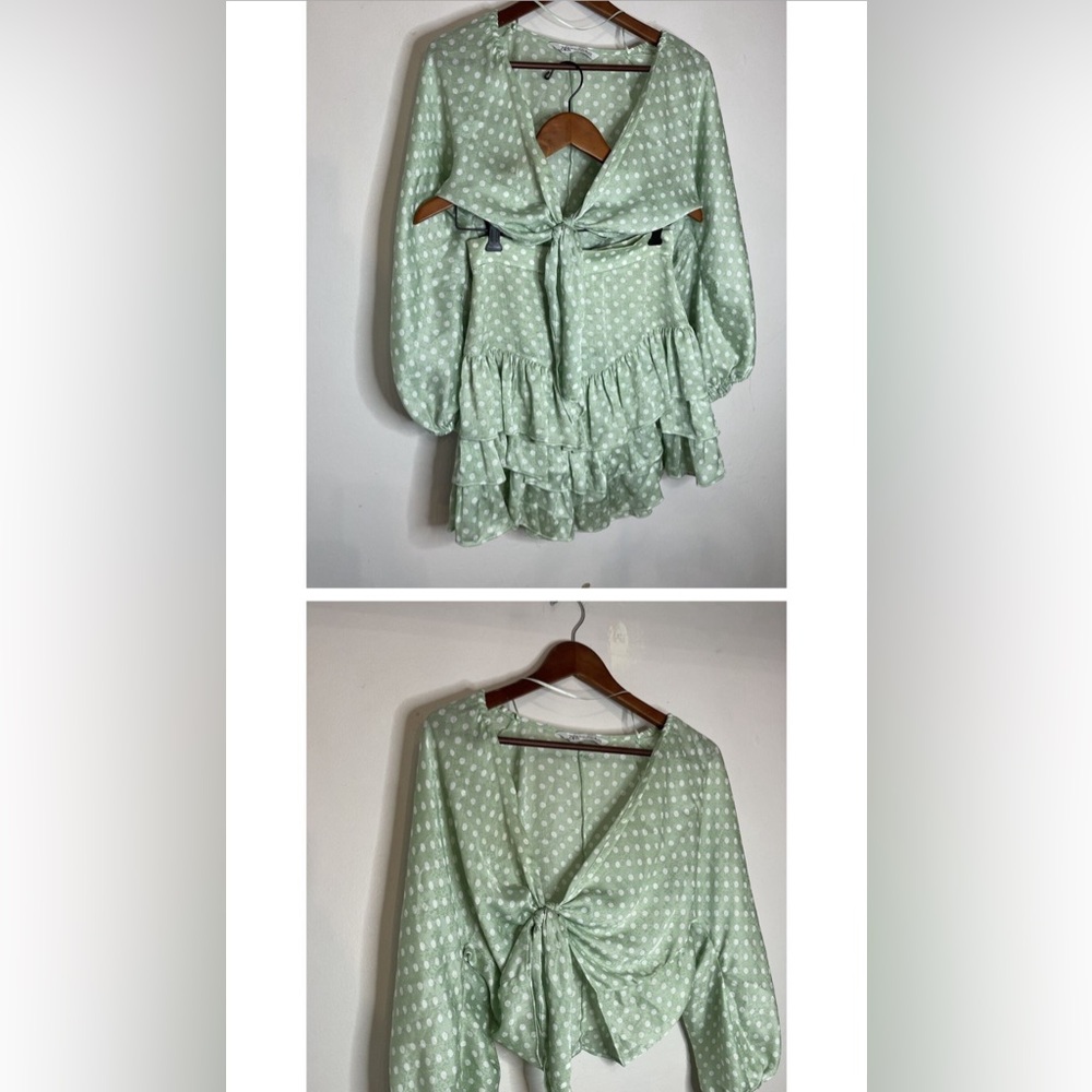 Zara Light Green Polka Dot Tie-Front Ruffled Mini Dress